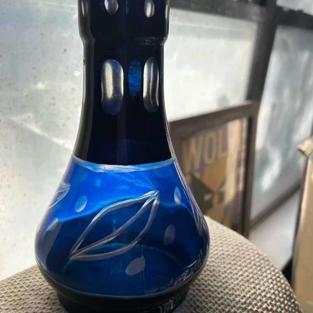Blue Glass Vase with Leaf Design